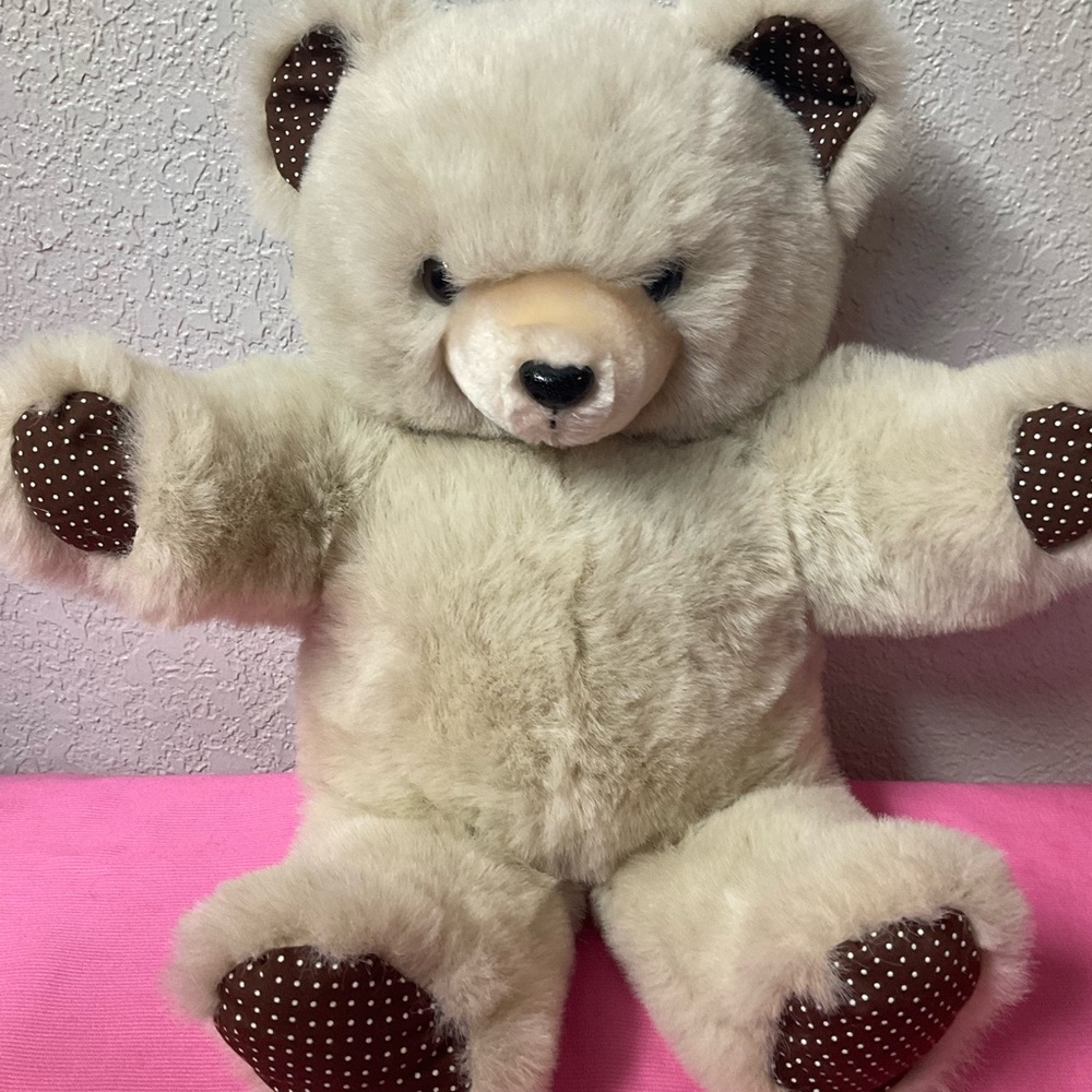 Plush Cream Teddy Bear with Polka Dot Accents